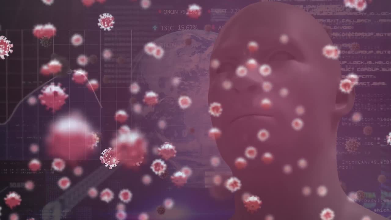 animación de células del virus covid 19 y procesamiento digital de datos en el fondo rojo