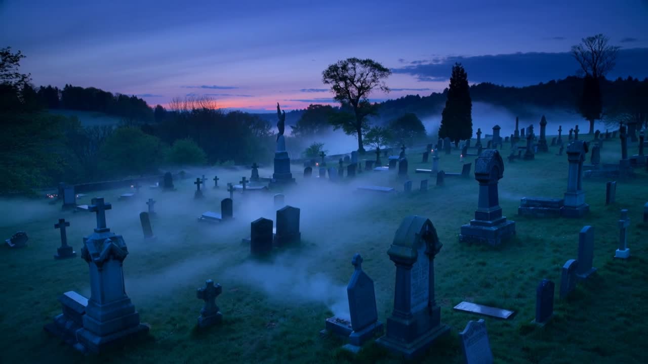 Drifting fog weaving through graveyard at dawn highlighting gravestones and angel statue