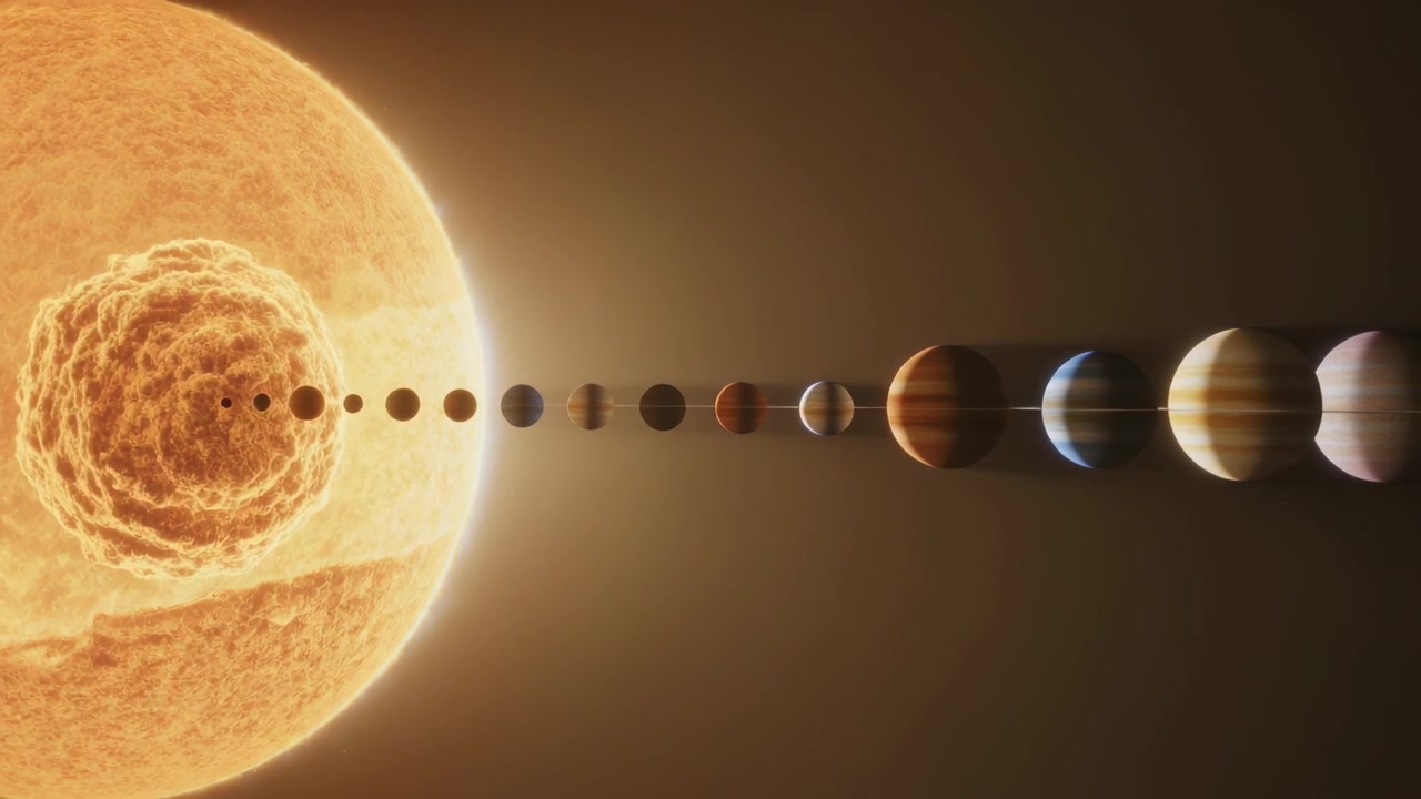Panning camera revealing textured star and aligned planets drifting right in space, with rings