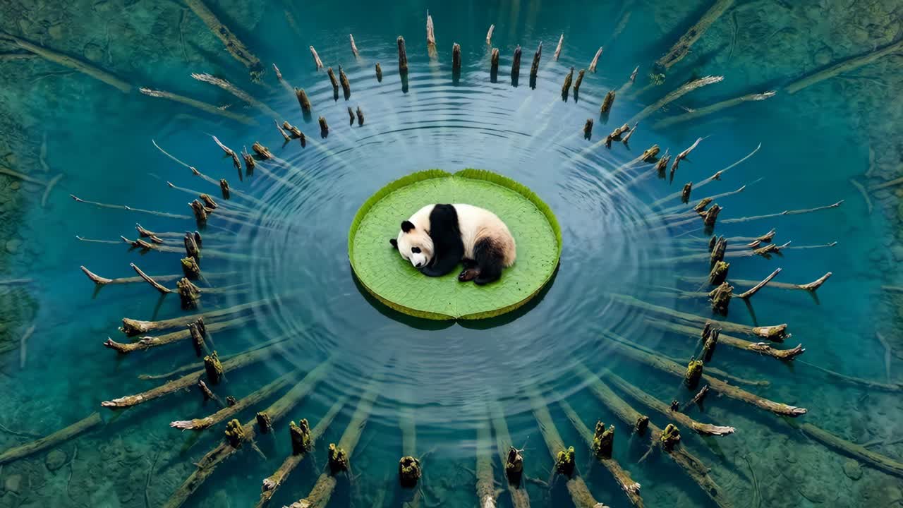 Panda che dorme serenamente su una gigantesca ninfea in acqua limpida e blu.
