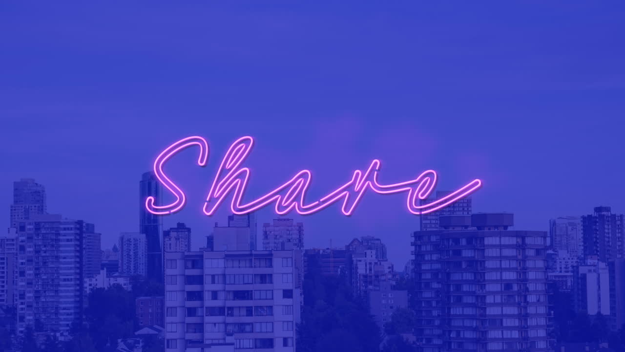 도시 풍경 위에 분홍색 네온 공유 텍스트의 애니메이션