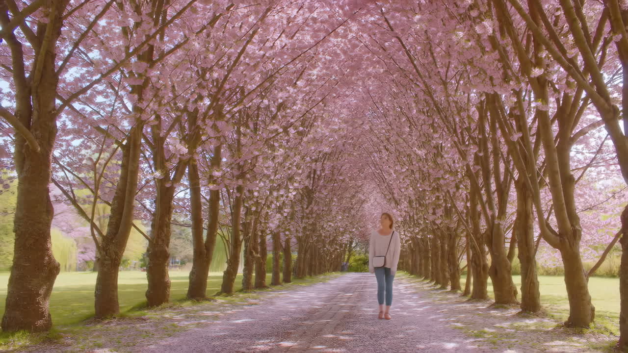 Woman walking through a cherry blossom tree tunnel