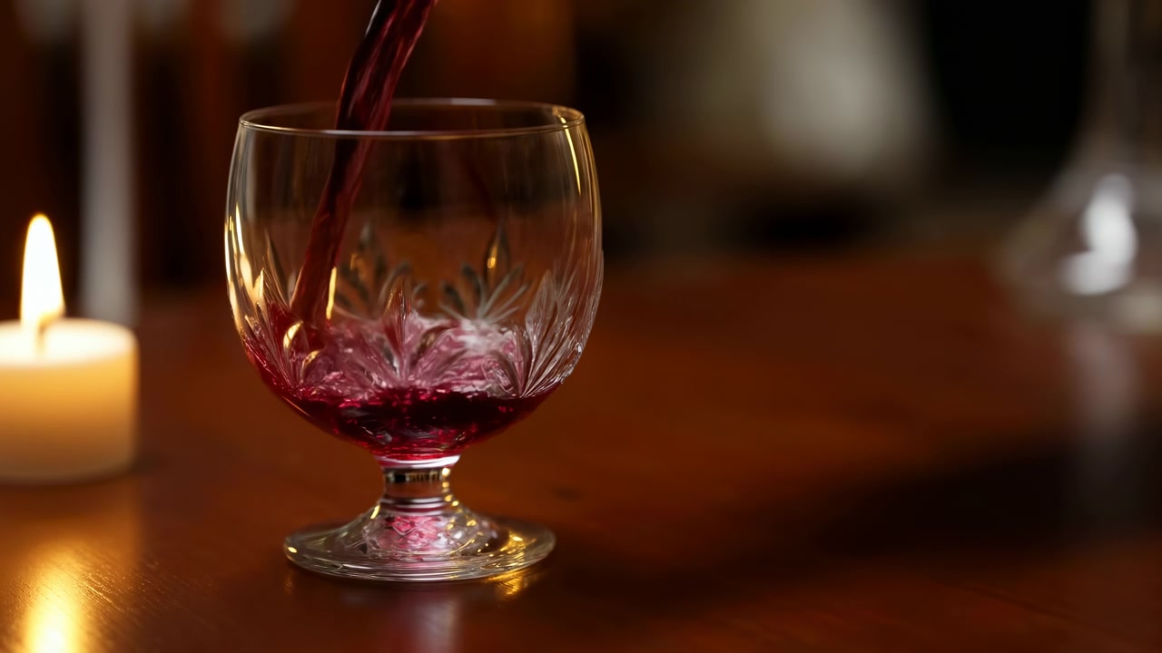 Taça de Cristal Iluminada por Velas Sendo Cheia Com Vinho Tinto Em Despejo Lento e Cinematográfico, Close-up de Taça Gravada, Aconchegante