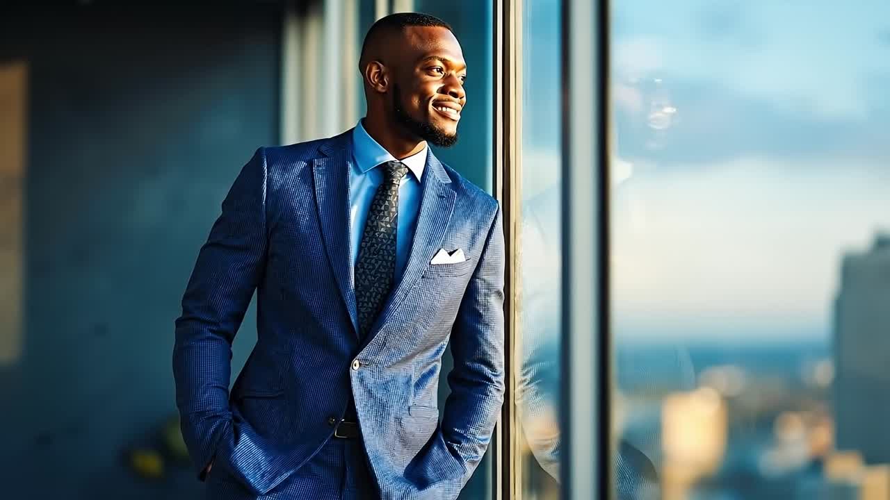 A man in a blue suit standing by a window