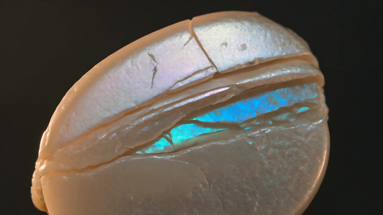 Shifting warm light revealing ridged beige disc developing blue-green iridescent seam in studio