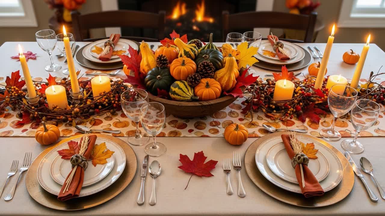 A Beautifully Set Autumn Table Featuring Vibrant Pumpkins, Colorful Leaves, and Sparkling Candles, Perfect for a Cozy Gathering in a Warm Atmosphere