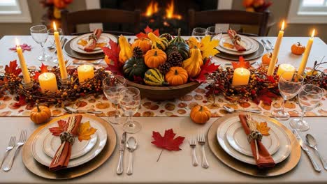 a beautifully set autumn table featuring vibrant pumpkins, colorful leaves, and sparkling candles, perfect for a cozy gathering in a warm atmosphere