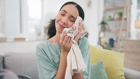 clean laundry, woman and smile with soft fabric