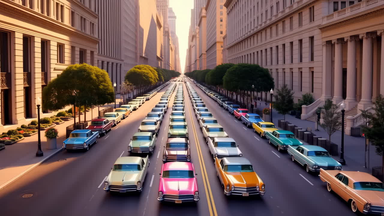 A Long City Street Lined with Classic Cars