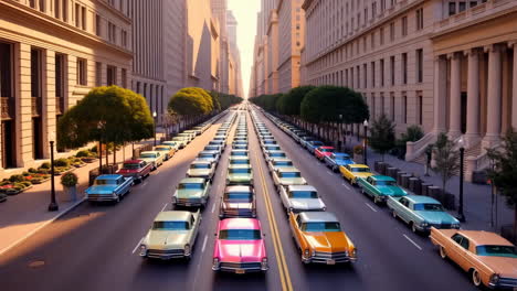 a long city street lined with classic cars