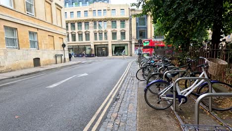 bicycles lined up along a quiet street