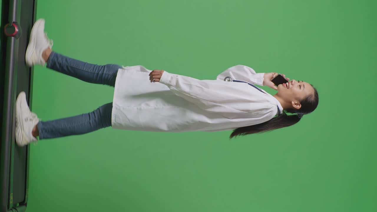 병원에서 녹색 화면 배경에서 는 동안 스마트폰으로 말하는 스테토스코프를 가진 아시아 여성 의사