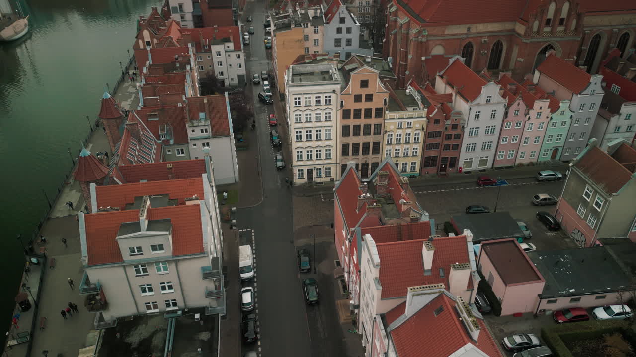 Aerial view of a European city with colorful buildings