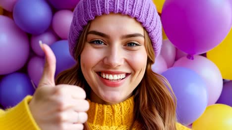 a woman in a purple hat giving a thumbs up in front of a bunch of balloons