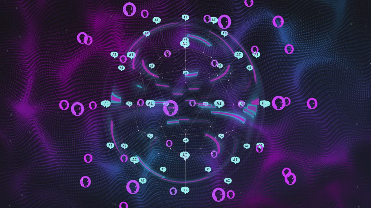 animación de un procesamiento de datos, iconos de chat y red de conexiones en senderos de luz