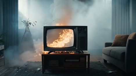 old tube television set is bursting into flames, generating a large plume of smoke in a living room