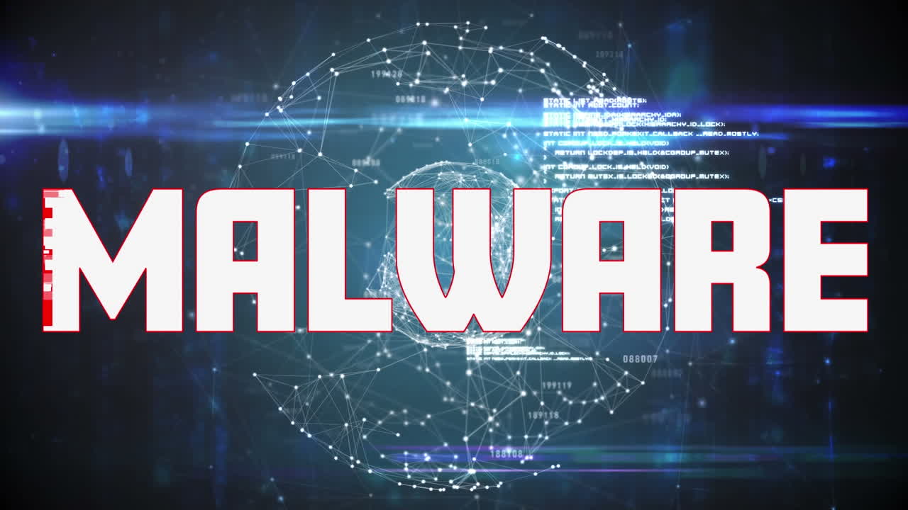 데이터 처리에 대한 악성코드 텍스트의 애니메이션과 검은색 배경의 지구