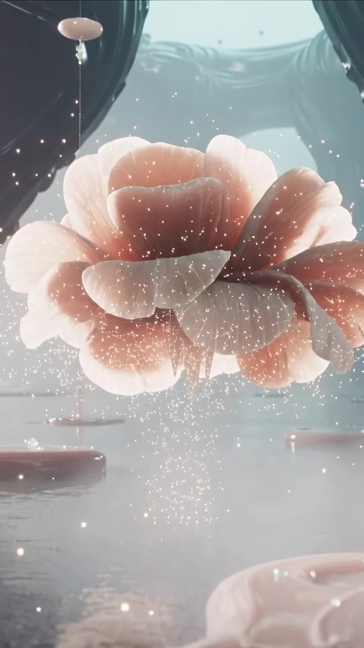 Video verticale: Un nucleo incandescente crea un'ampia fioritura che rilascia scintille sopra una piscina nella nebbia, formando un fascio di luce.