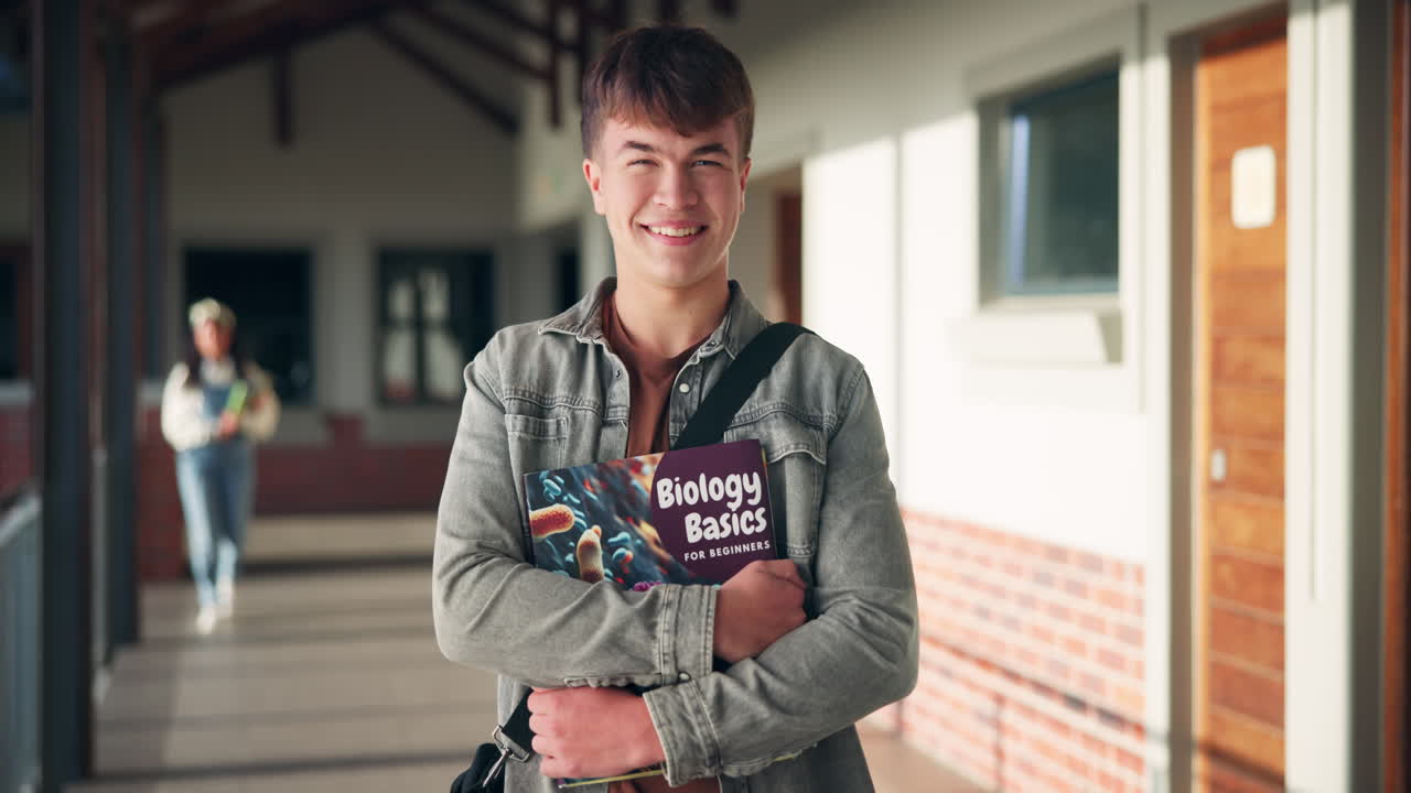 A smiling student with a biology textbook in a college hallway