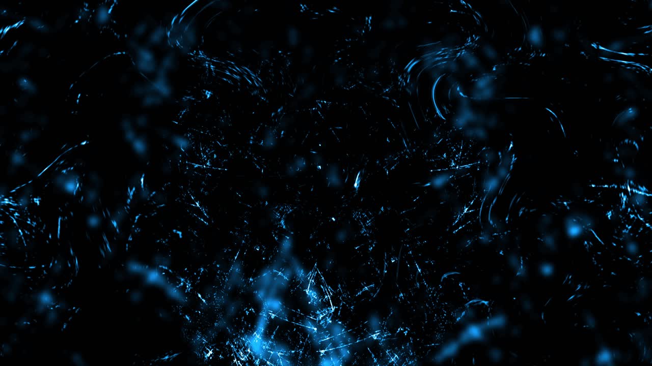 A chaotic texture of glowing blue scratches, particles, and noise moves subtly on a dark background. For technology or horror themes. Seamless loop