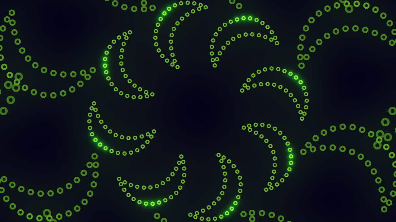 Abstract green dotted arcs moving on dark background, futuristic tech pattern