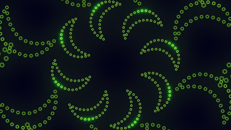 Abstract green dotted arcs moving on dark background, futuristic tech pattern