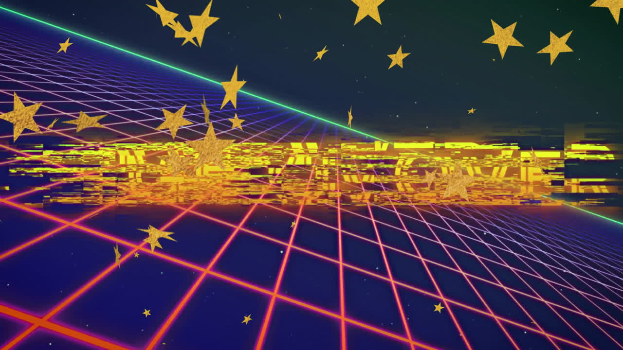 Animation of Game Over text with stars on neon grid, retro gaming theme