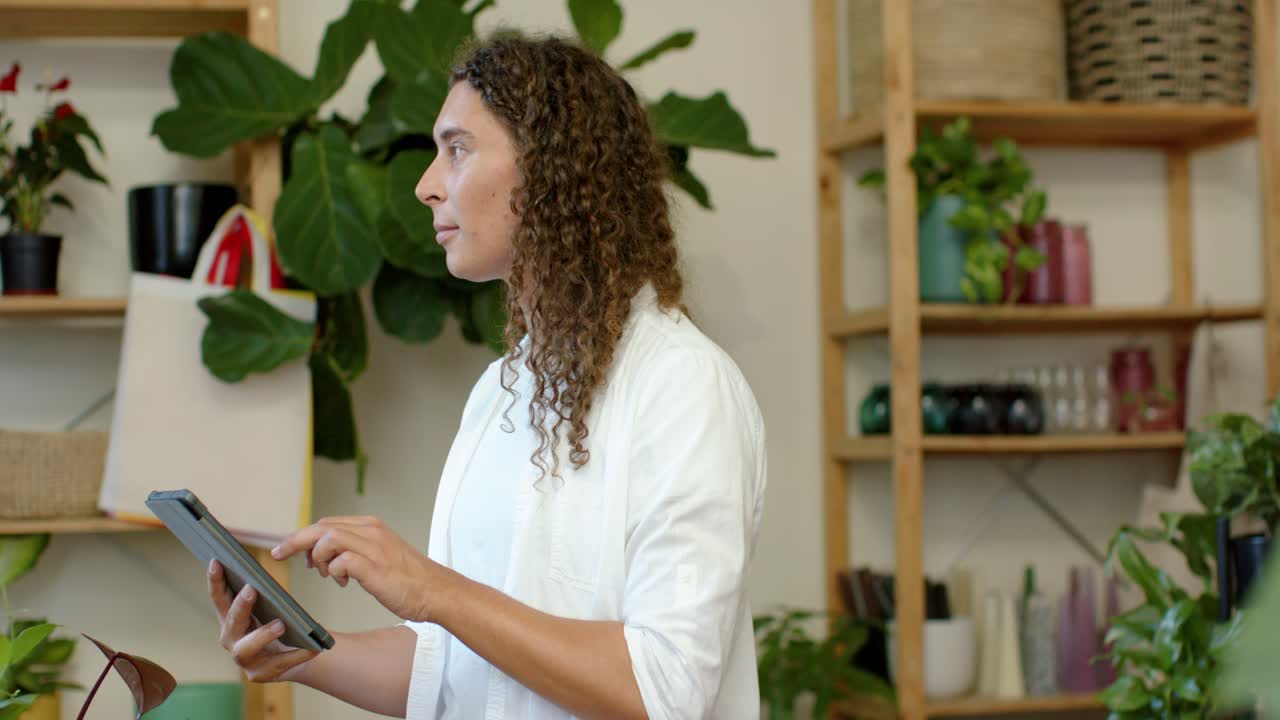 Non-binary adult after checking tablet, tapping and inspecting plants at plant shop, updating stock