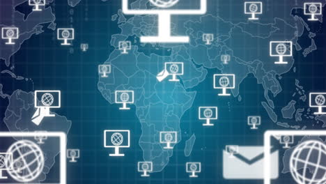 animación de computadoras con íconos de globo, mapa del mundo y procesamiento de datos
