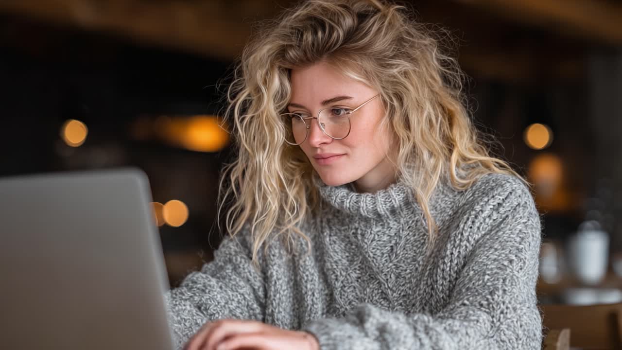 En Ung Kvinde Engageret i Onlinearbejde, der Tankefuldt Taster på Sin Bærbare Computer, Mens Hun Nyder en Hyggelig og Stilfuld Caféstemning