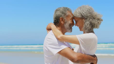 vista lateral de una feliz y activa pareja afroamericana mayor abrazándose en la playa 4k