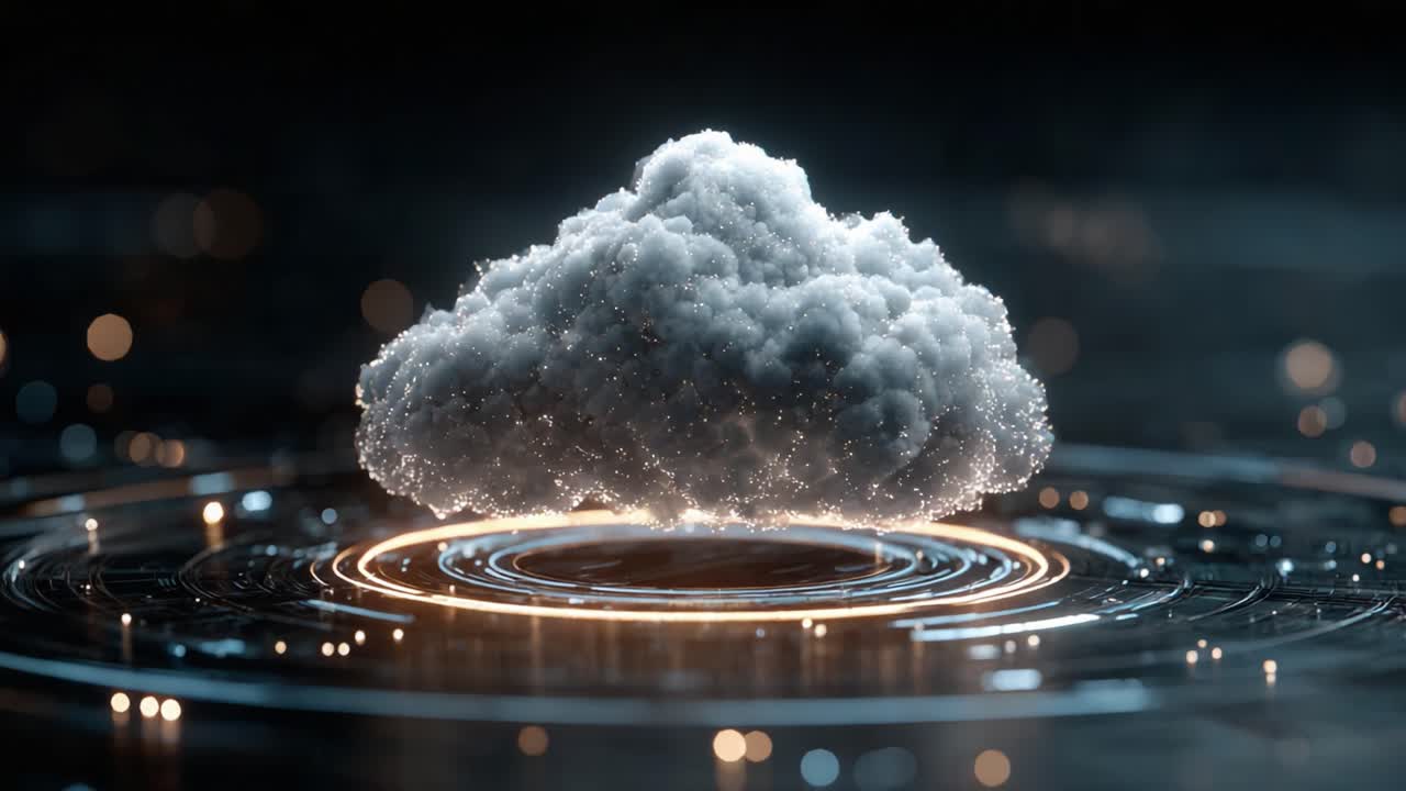 A mesmerizing cloud floating above a shimmering circular platform, radiating soft light and creating an ethereal atmosphere filled with swirling particles and luminous energy