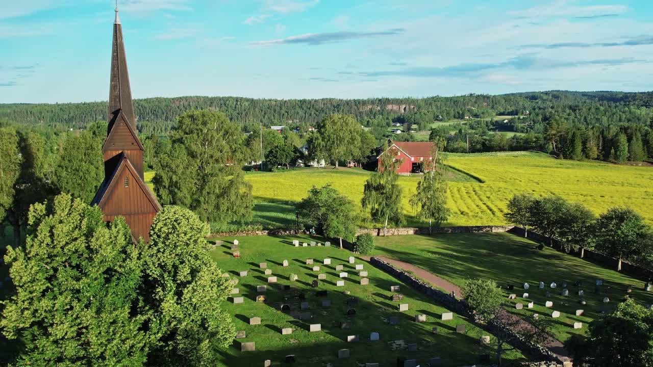 Scenic aerial view of a Norwegian church and countryside landscape
