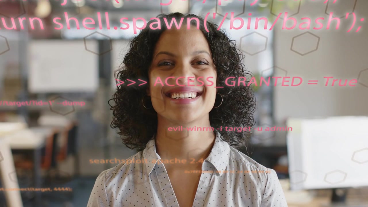 Woman standing in office, smiling wider, pink code hex appearing, scrolling over face, showing tech
