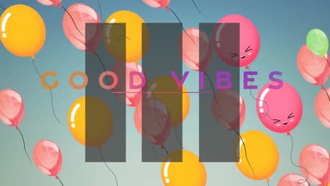 Animation-of-the-words-good-vibes-in-orange-and-pink-with-floating-balloons-on-blue