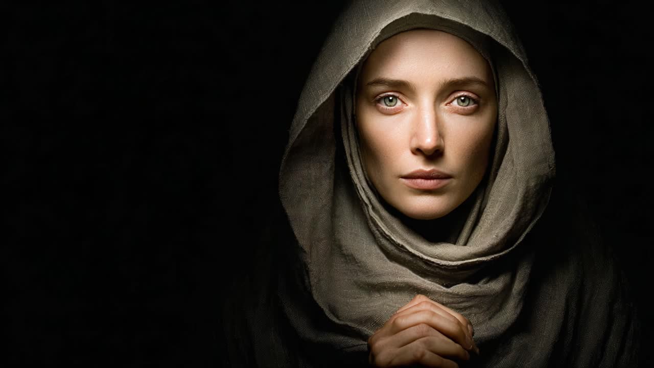 A Serene Woman in Contemplation: Capturing the Depth of Emotion and Spirituality Through a Subtle Expression and Soft Lighting in a Dark Setting