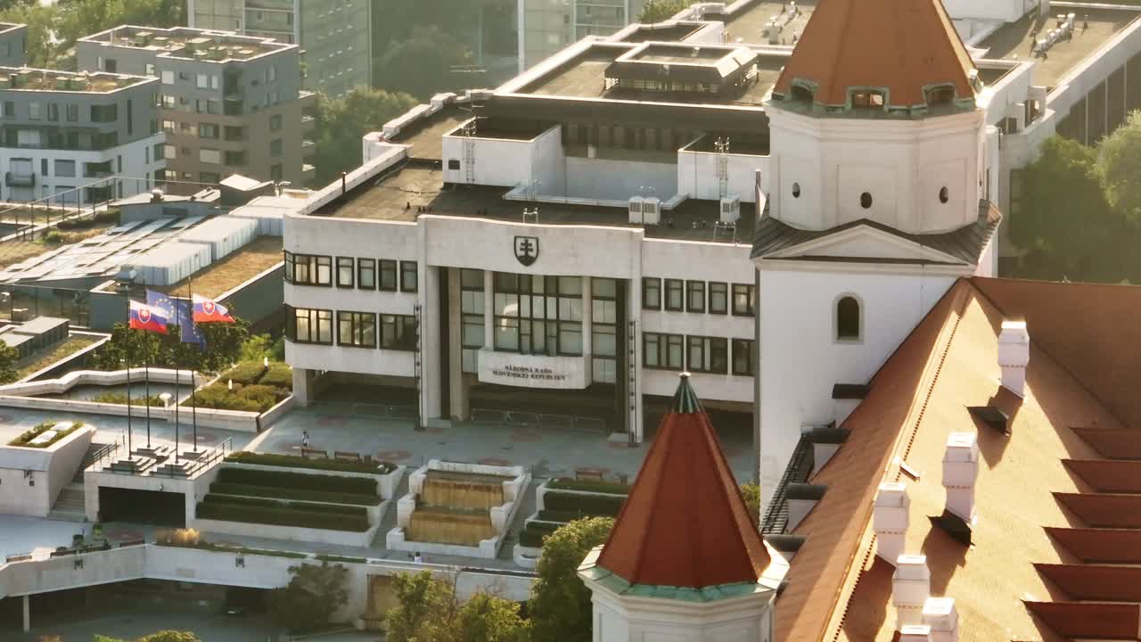 Aerial shot of the Slovak National Council building in Bratislava, featuring the modern architecture and surrounding cityscape. Captures the essence of Slovakia's political hub from above.
