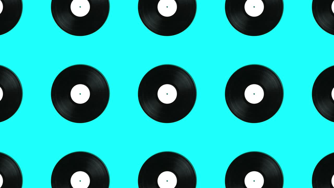 Retro vinyl disks in geometric pattern on a blue background. Simple motion graphics music animation concept