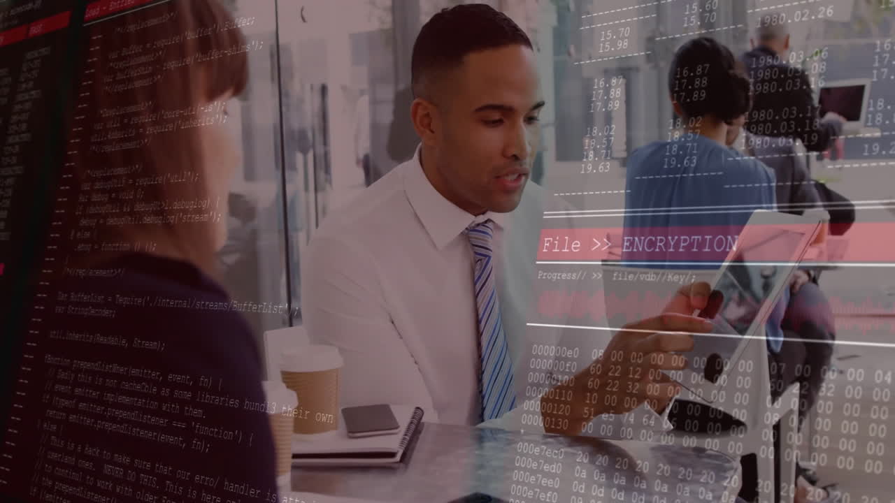 Diverse professionals discussing business with encryption data animation overlaying meeting