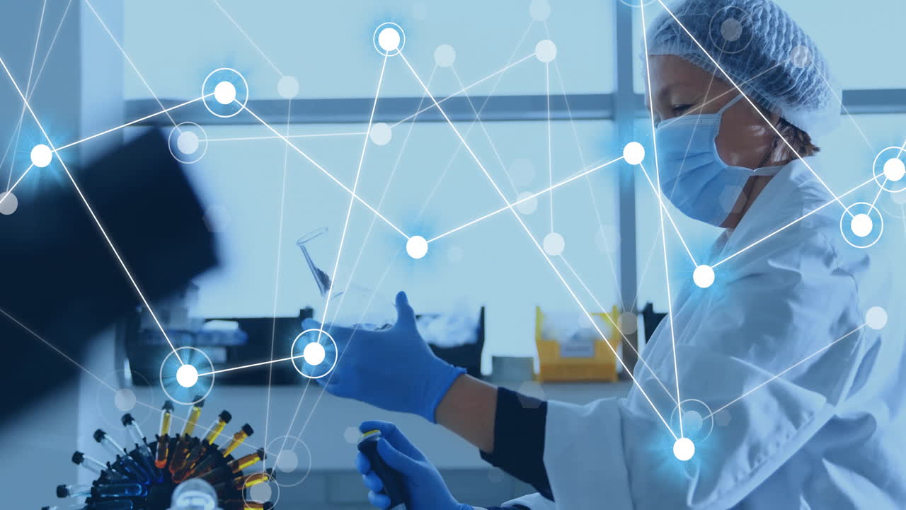 animación de la red de conexiones sobre la mujer científica caucásica en el laboratorio