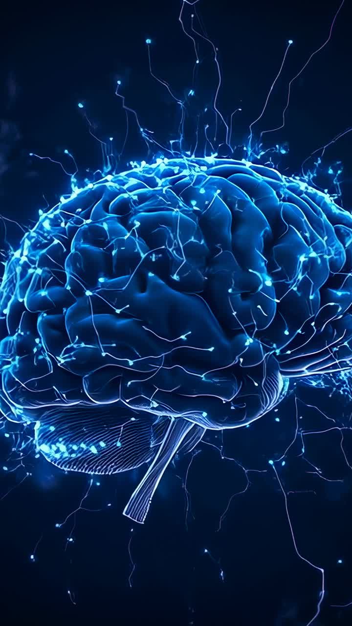 Vertical video: Rotating 3D brain model pulsing along filaments in navy void, with synapse sparks