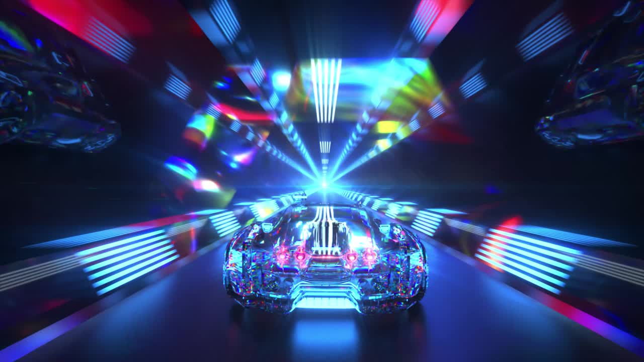 el coche de diamantes está conduciendo a través del túnel a alta velocidad. luz de neón azul. animación 3d de bucle sin costuras