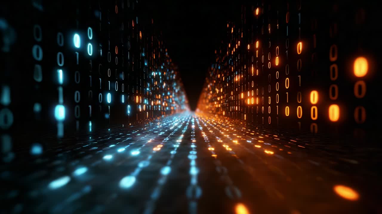 A captivating journey through a digital landscape filled with luminous binary code, where vibrant blue and orange streams of ones and zeros converge into a mysterious vanishing point, symbolizing data flow and connectivity