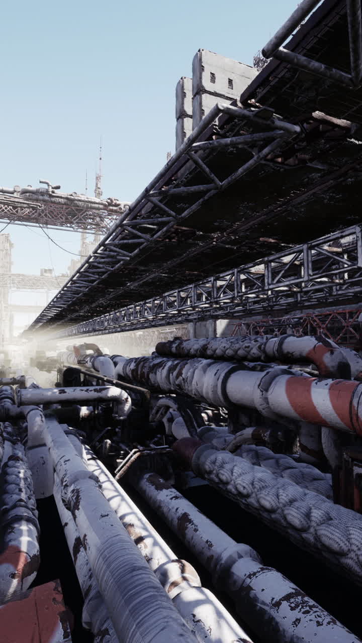 Una città futuristica e post-apocalittica con tubi arrugginiti e strutture metalliche