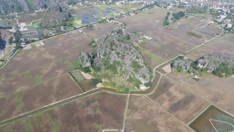 Drohnen-Luftaufnahme-In-Vietnam,-Die-An-Einem-Sonnigen-Tag-über-Ackerland-Mit-Kleinen-Felsigen-Bergen-Fliegt,-Die-Mit-Grünen-Bäumen-In-Ninh-Binh-Bedeckt-Sind