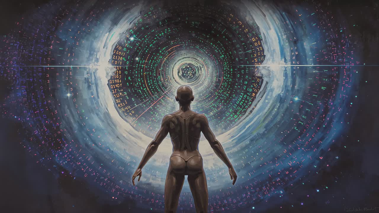 Facing android with metallic skin standing in void, vortex activating to connect, camera zooming