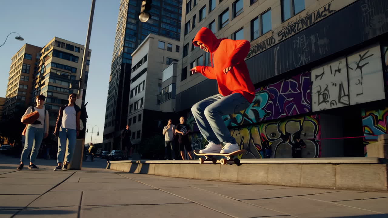 Skateboarder Grinding on a Ledge in an Urban Setting with Graffiti