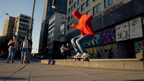 skateboarder grinding on a ledge in an urban setting with graffiti