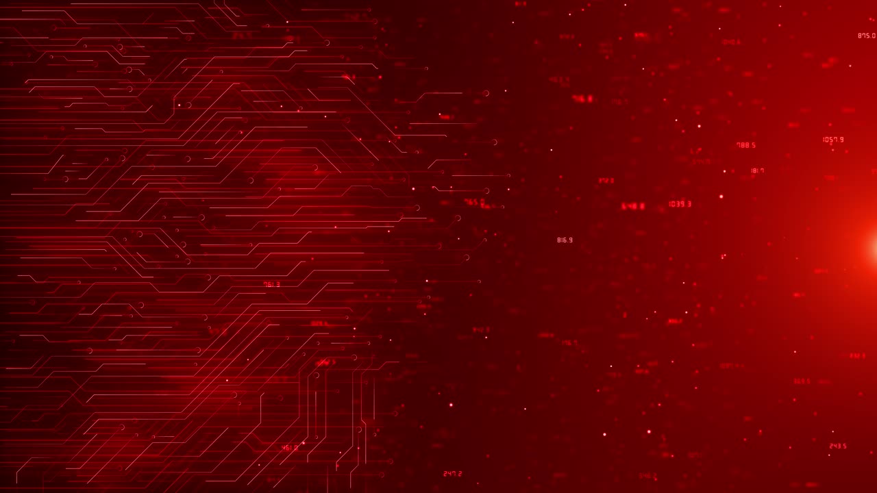 Hightech red digital glowing circuit lines pulsing network matrix motion visual represents essence