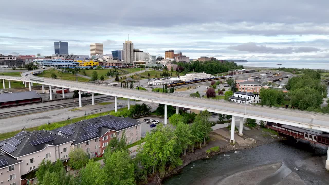 Anchorage cityscape with bridge, train, and river